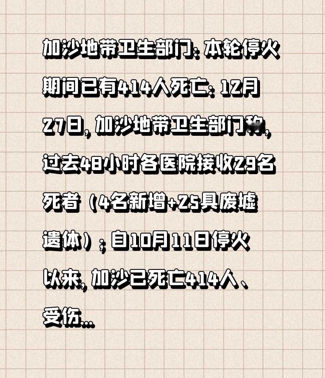  加沙地带卫生部门：本轮停火期间已有414人死亡：12月27日，加沙地带卫生部门