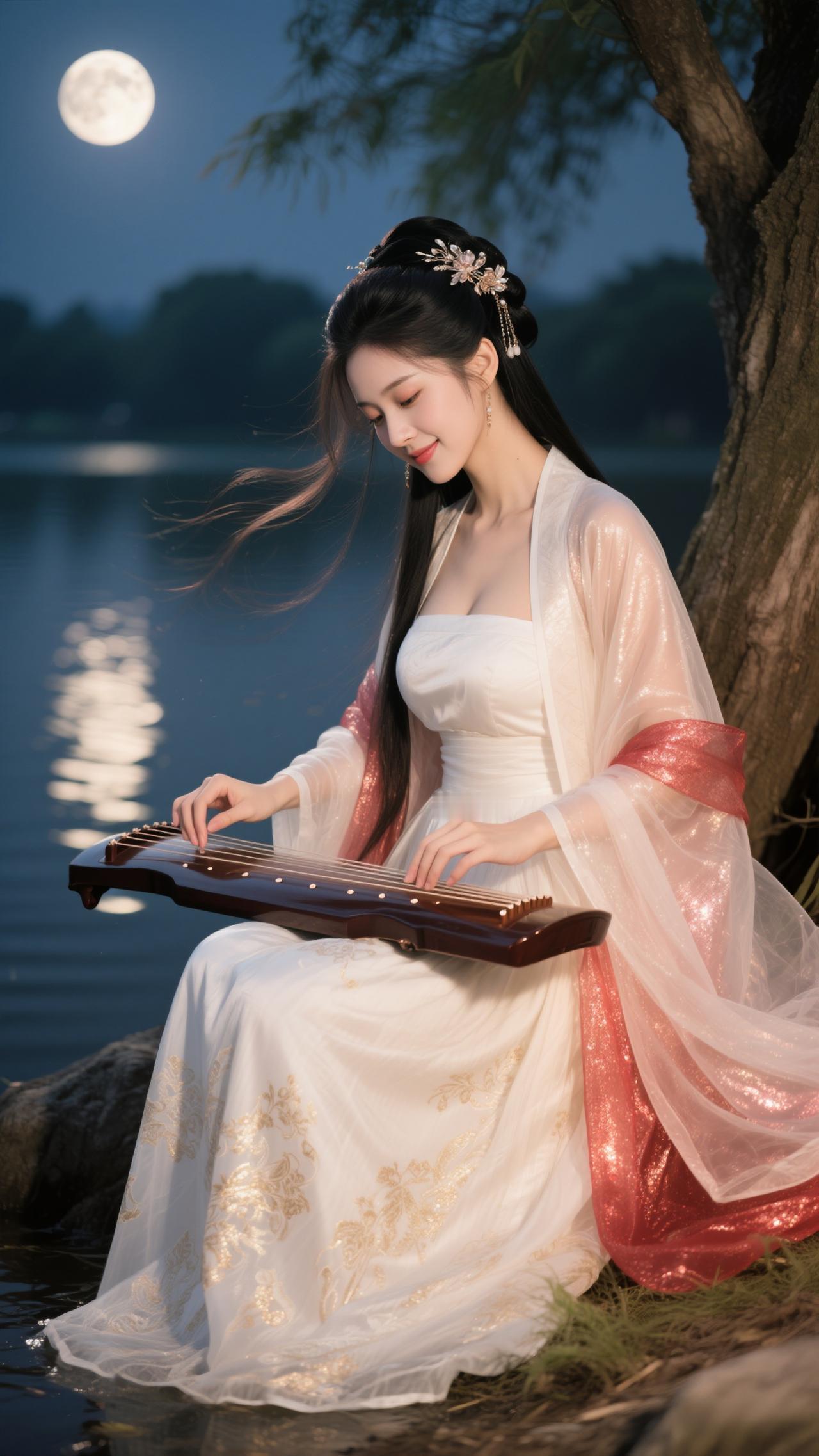 鹧鸪天·月夜抚琴
 
罗袂生香倚岸汀，白绡轻覆玉光凝。花簪暗落玲珑影，素手闲调断