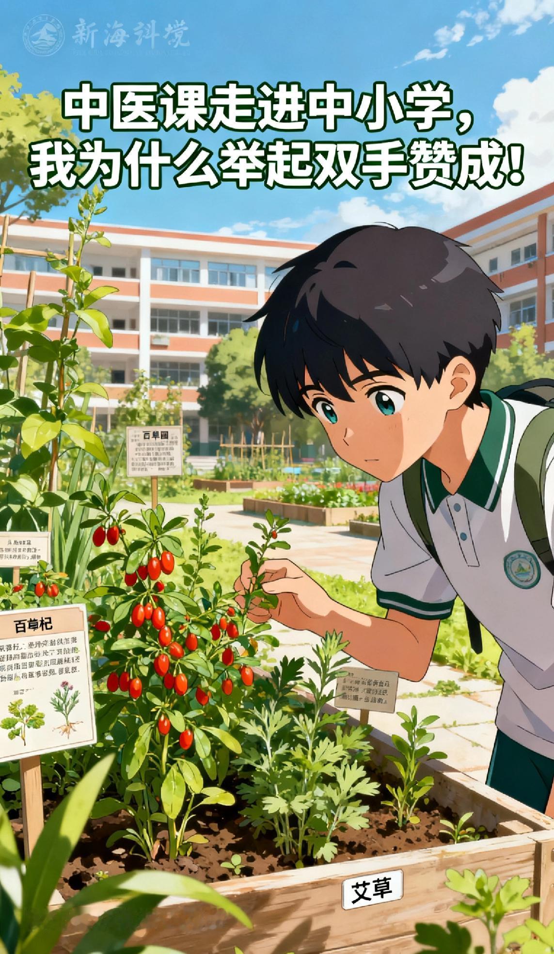 五年级小学生好奇地研磨中药材，初中生在自己校园的百草园里观察枸杞、艾草的生长，高