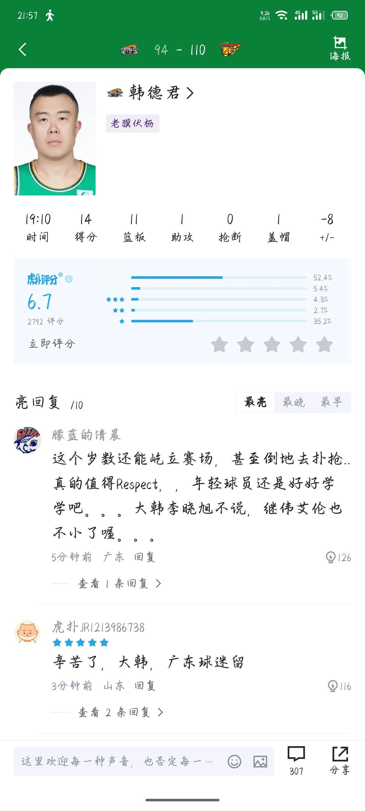 韩德君真的是非常令人尊敬，打球硬气，为人谦逊，每场比赛都竭尽全力。真希望所有中国