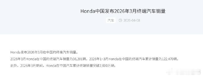 本田中国3月销量36,201辆，同比下滑34% 