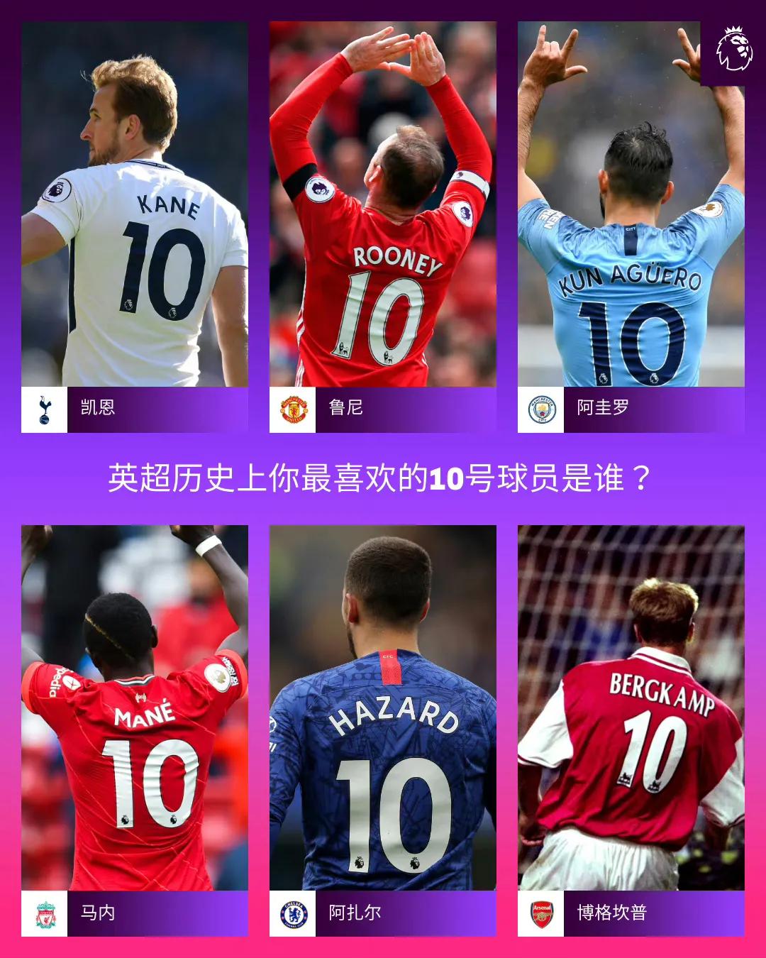 大家最喜欢的英超哪位10号球星？

六大豪门都有代表！

热刺凯恩。

曼联鲁尼