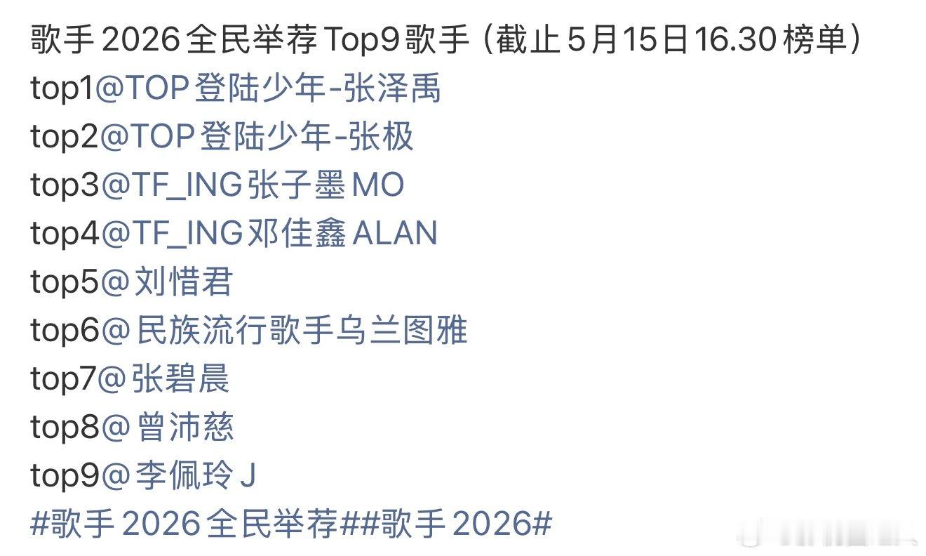 歌手2026全民举荐排名 歌手2026全民举荐top9 歌手2026全民举荐排名
