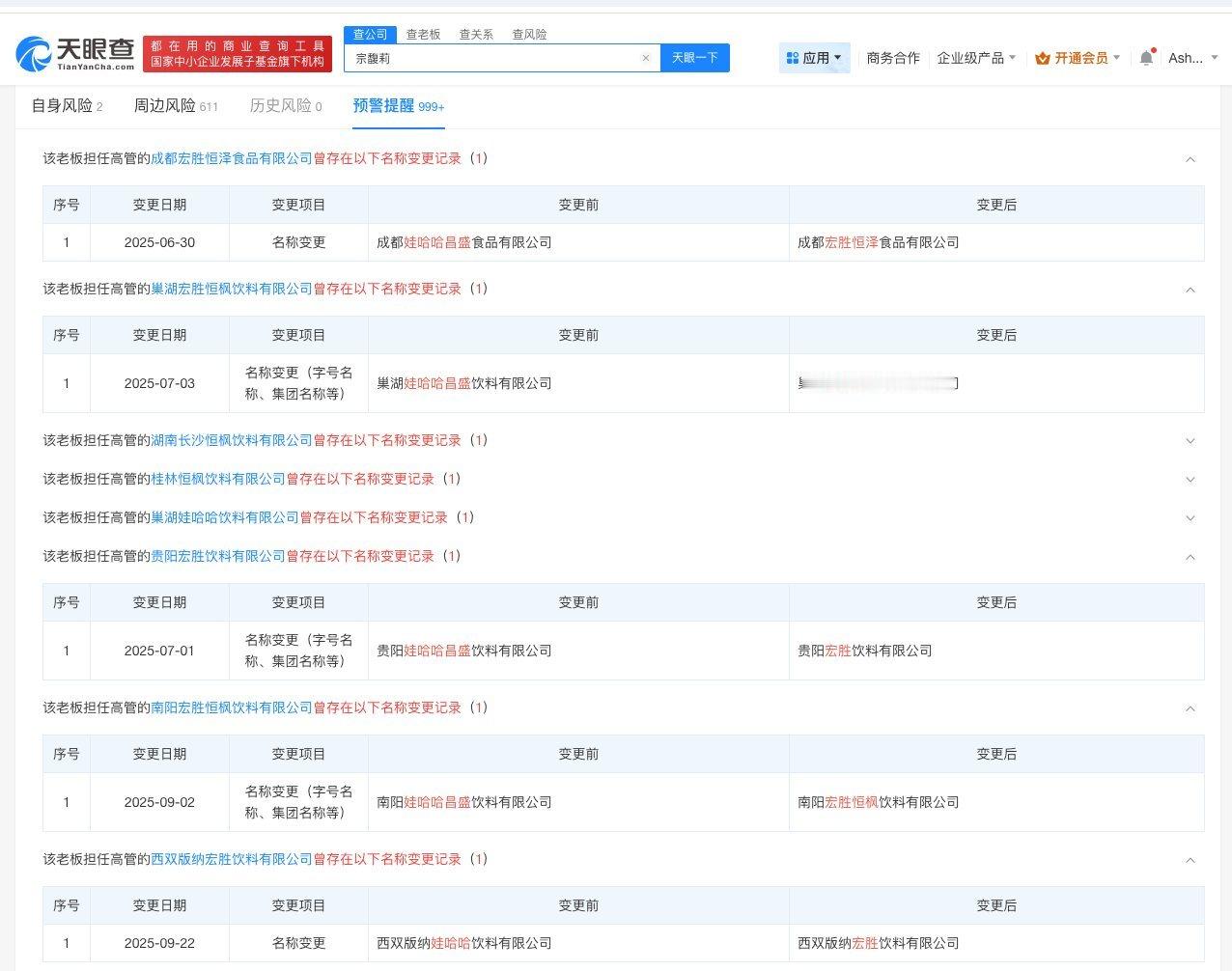 【宗馥莉辞职前娃哈哈多家公司更名为宏胜 】超十家娃哈哈旗下公司更名宏胜 10月1