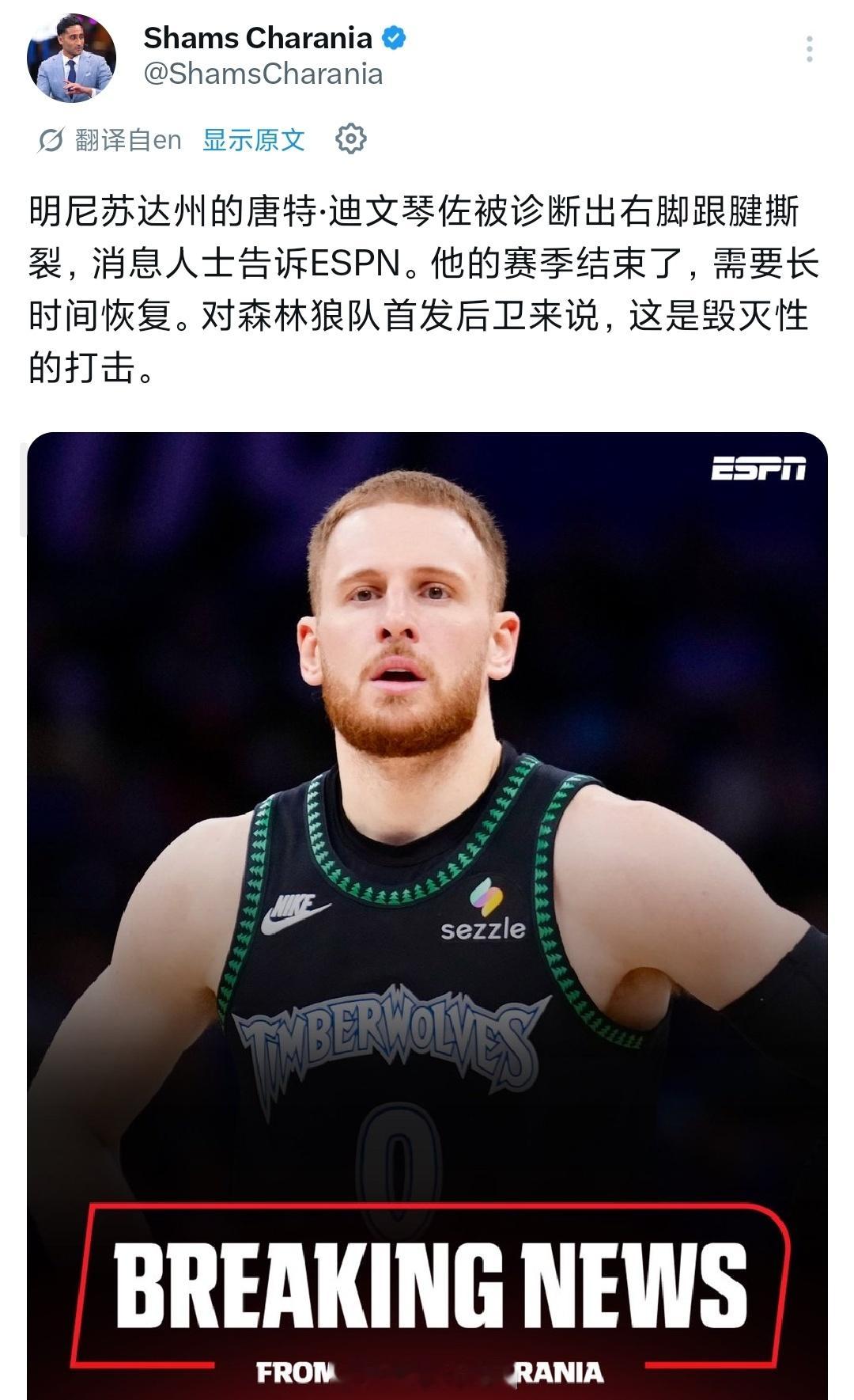 迪文琴佐确诊右脚跟腱撕裂，季后赛还是太惨烈了森林狼vs掘金