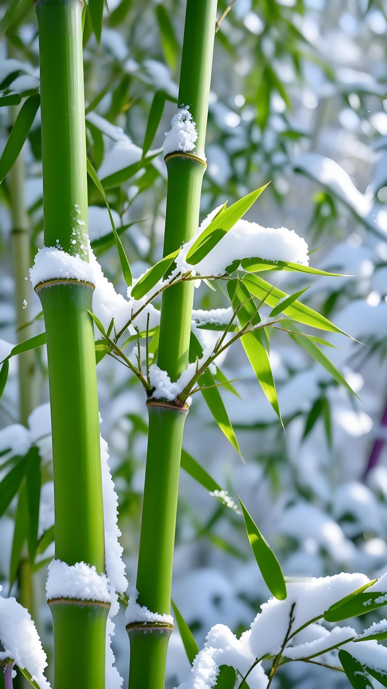 雪覆竹梢，青骨傲寒霜。
竹影摇雪，清韵入冬诗。