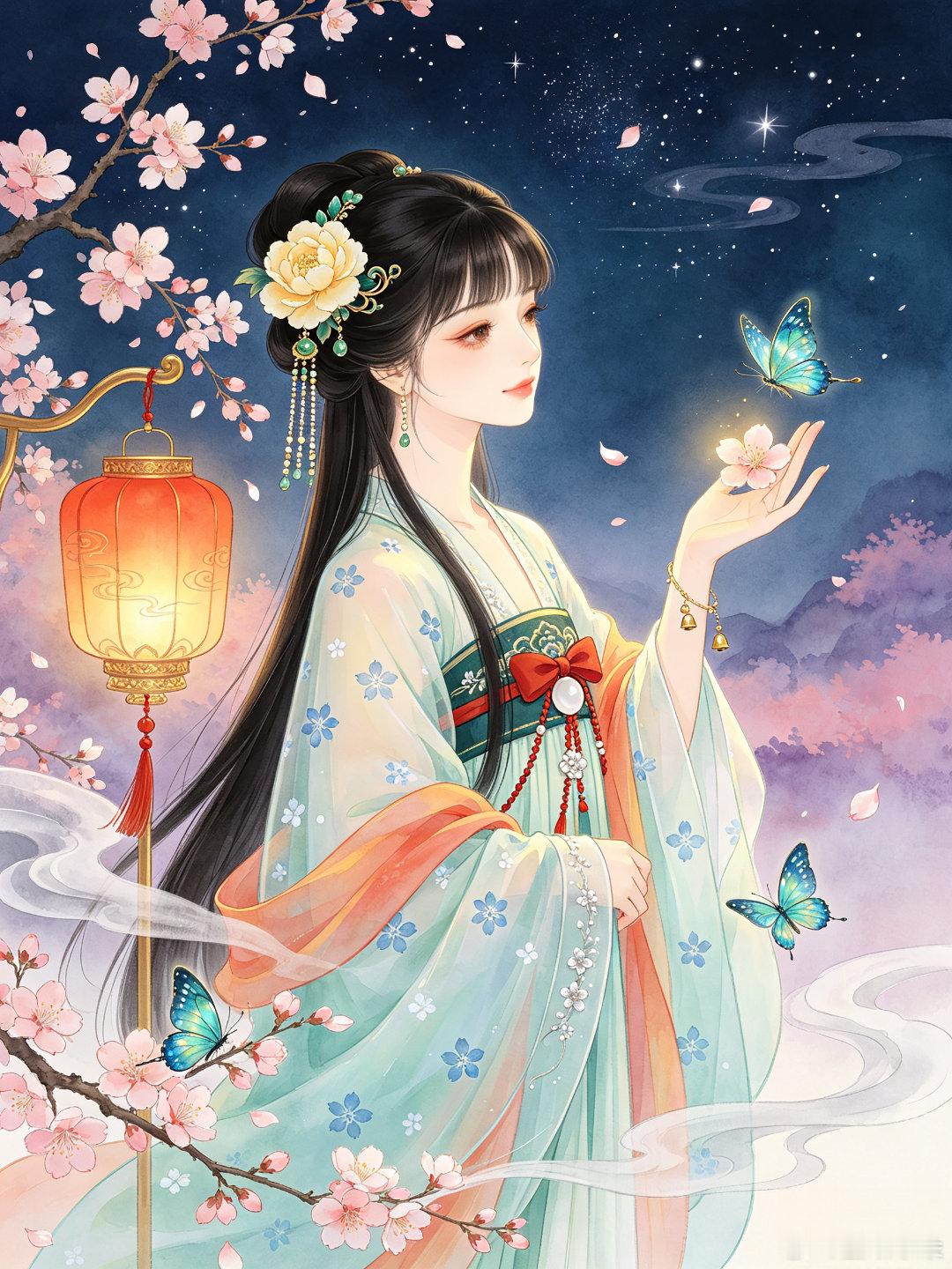 花好月圆提灯赏景美人古风壁纸 