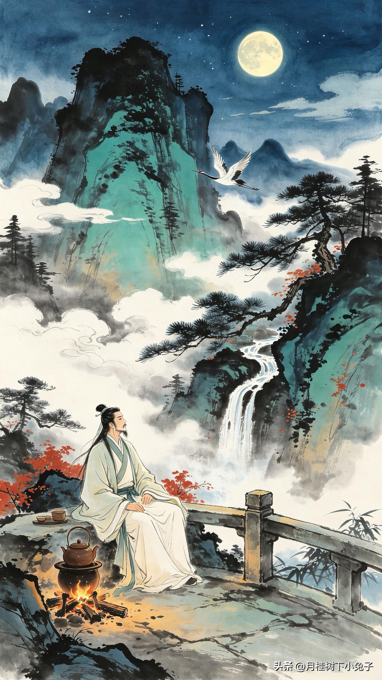 汲泉煮茗伴云深，
鹤唳松风夜月临。
闲倚石阑观不厌，
     
…………请师友
