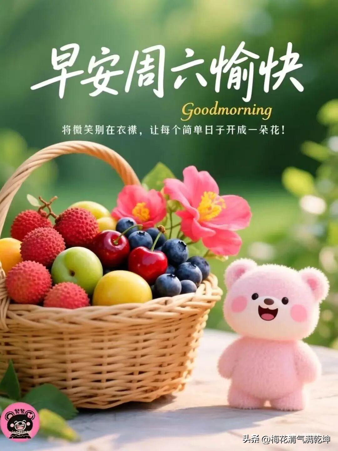 早安周六愉快，微笑迎接美好一天！🌞🍓🍒🍇🍒🐻