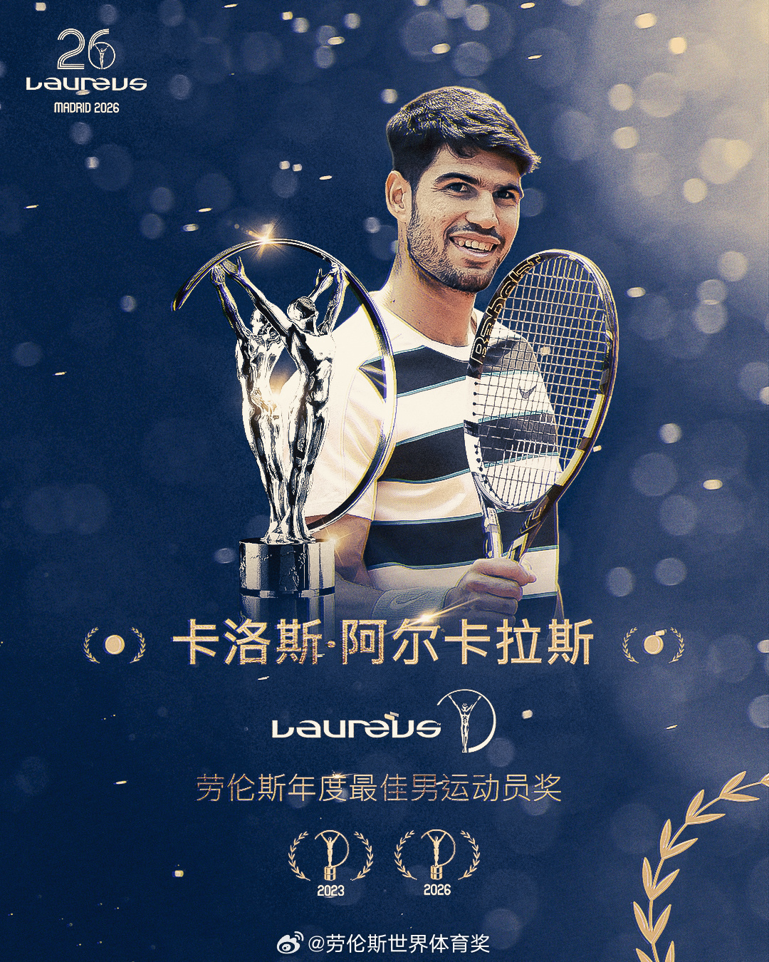 #阿尔卡拉斯获劳伦斯最佳男运动员# 🏆卡洛斯·阿尔卡拉斯（Carlos Alc