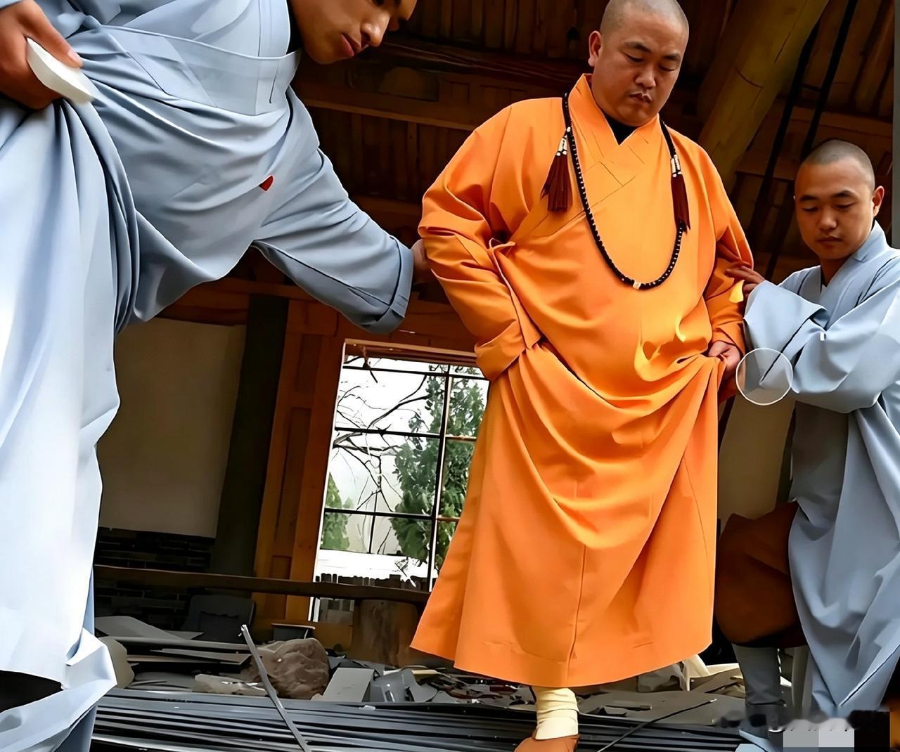 释永信去少林寺工地巡查，他身边两个二十岁出头的小徒弟，一左一右弯着腰帮他提着袍角