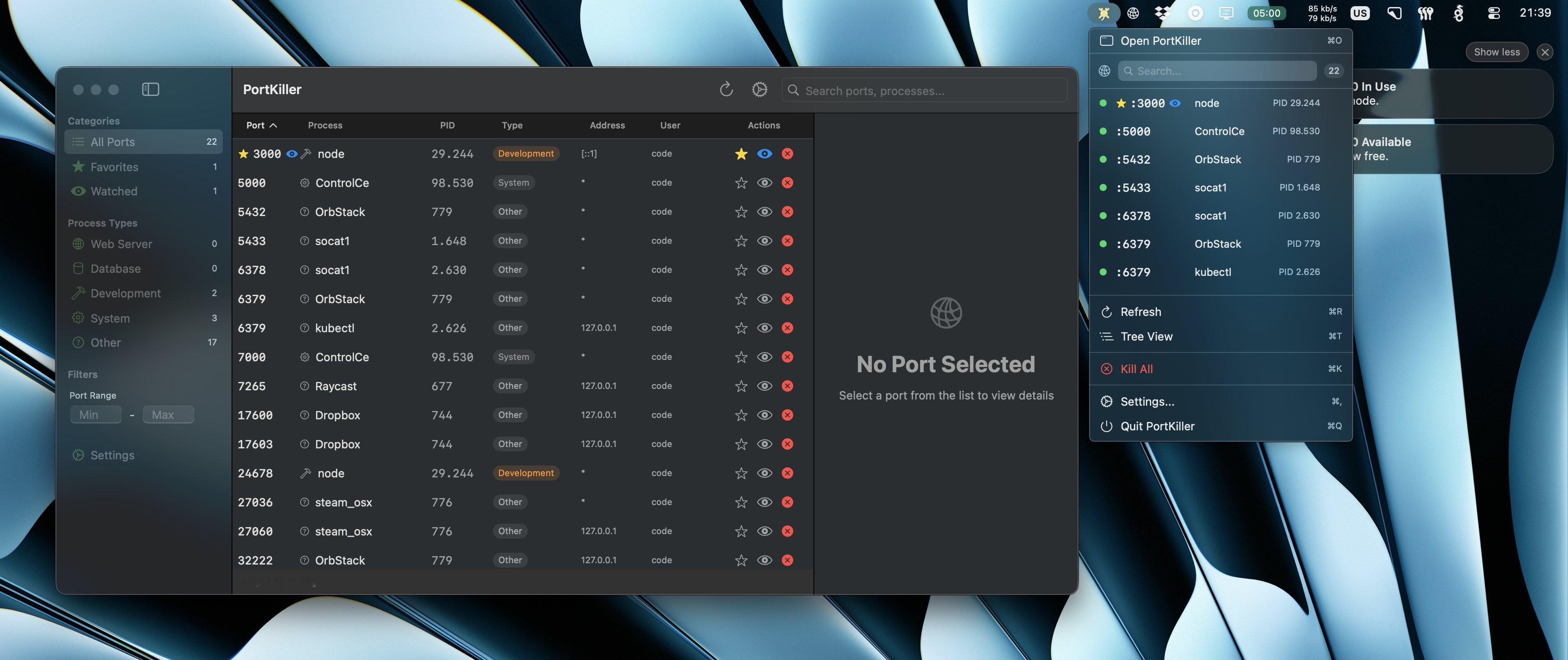 PortKiller，一个macOS 上查看哪个程序占用了哪个端口的小应用，也可