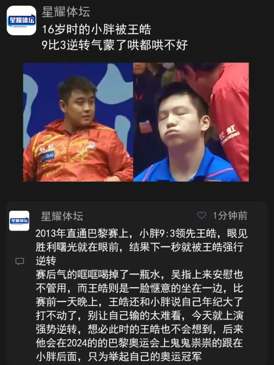 16岁时的小胖被王皓，9比3逆转气蒙了哄都哄不好2013年直通巴黎赛上，小胖9: