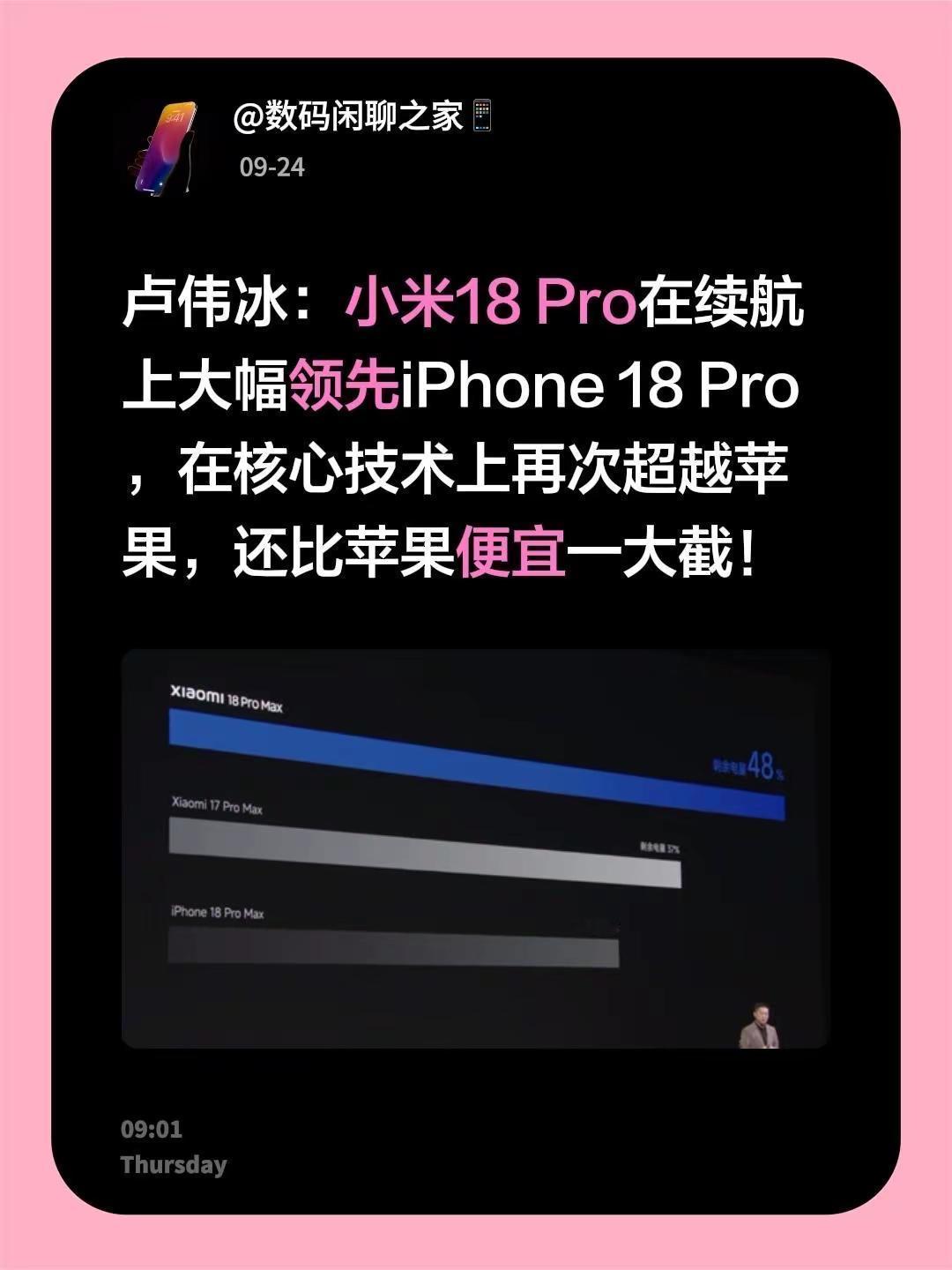 卢伟冰：小米18 Pro在续航上大幅领先iPhone 18 Pro，在核心技术上