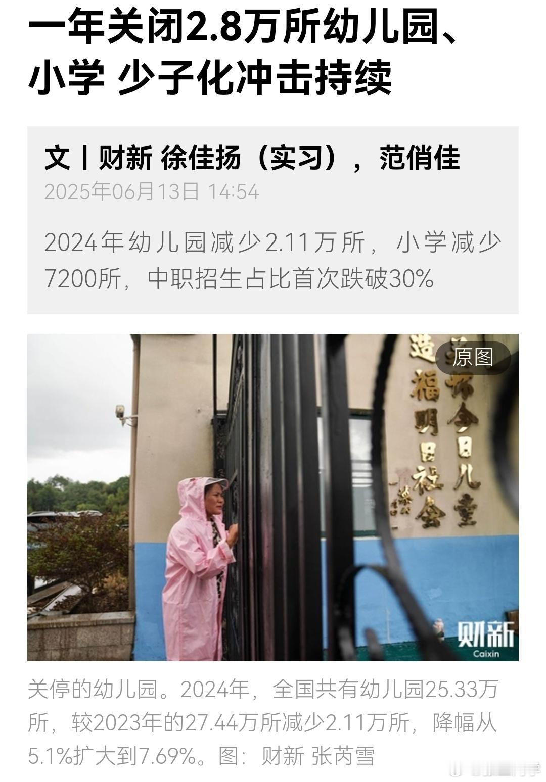 2024年幼儿园减少2.11万所，小学减少7200所。去年在园儿童减少500多万
