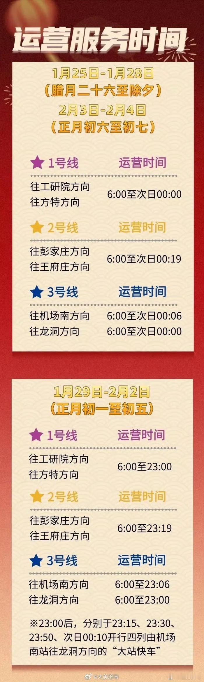 济南地铁春节期间延时运营 济南地铁春节期间运营时间如下  