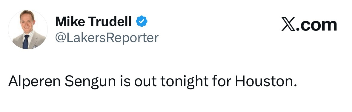 申京缺席与湖人队的比赛。 