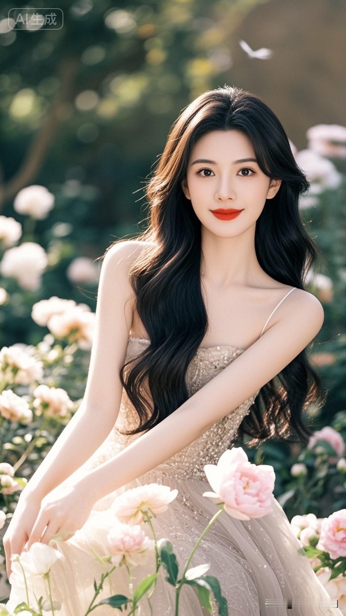 梦幻花海中的仙女，红唇与长发的完美结合，宛如童话里的公主。