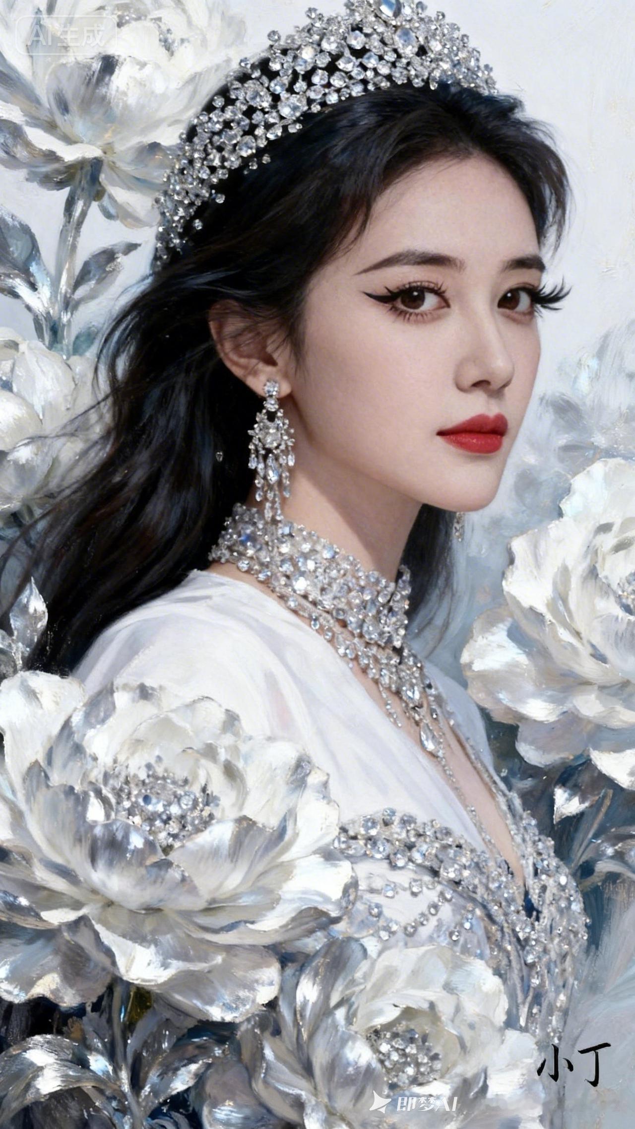 梦幻仙境中的绝美少女，闪耀的珠宝与洁白的玫瑰相映成辉。