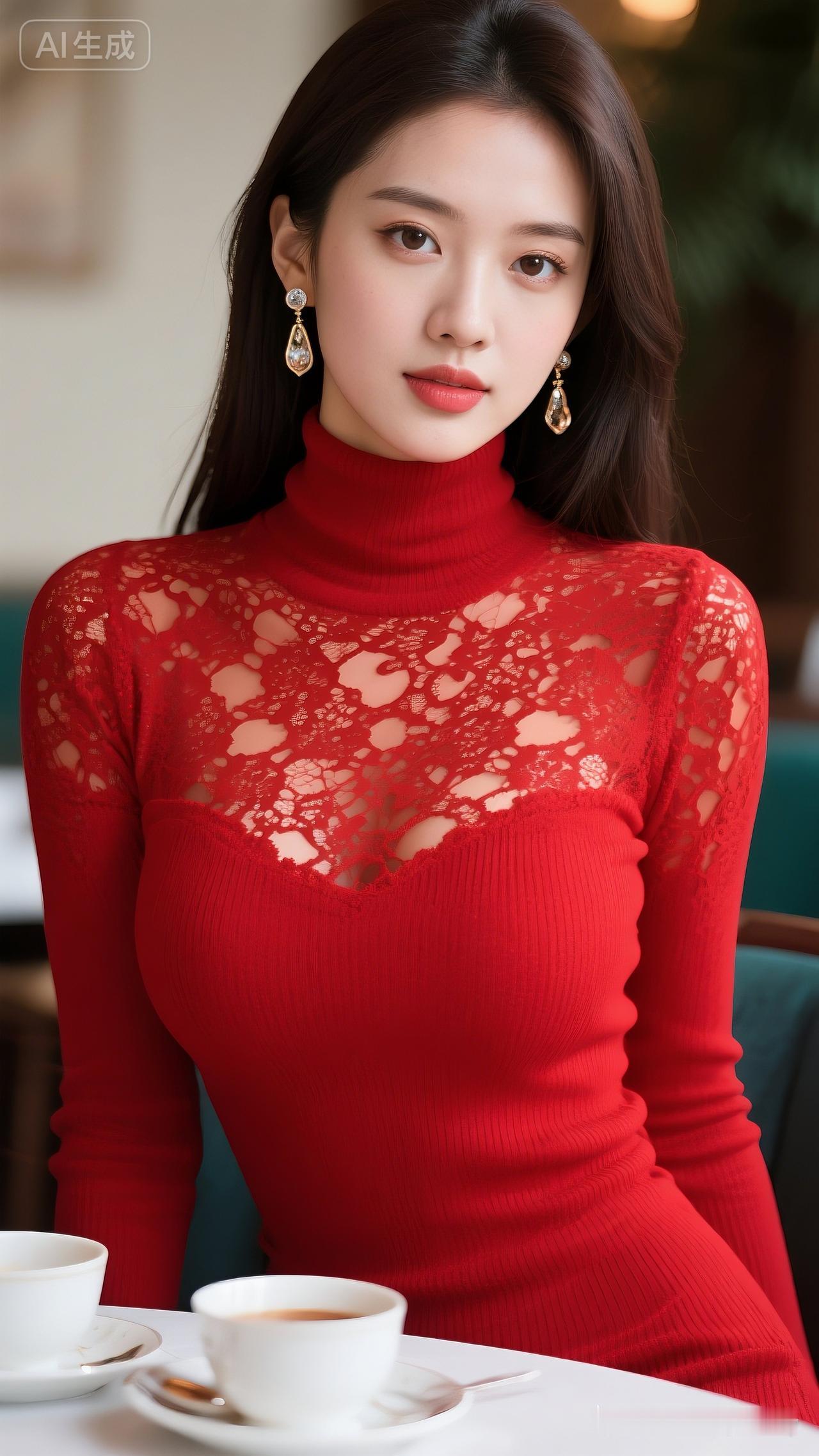 优雅红衣少女，咖啡馆里的迷人时刻