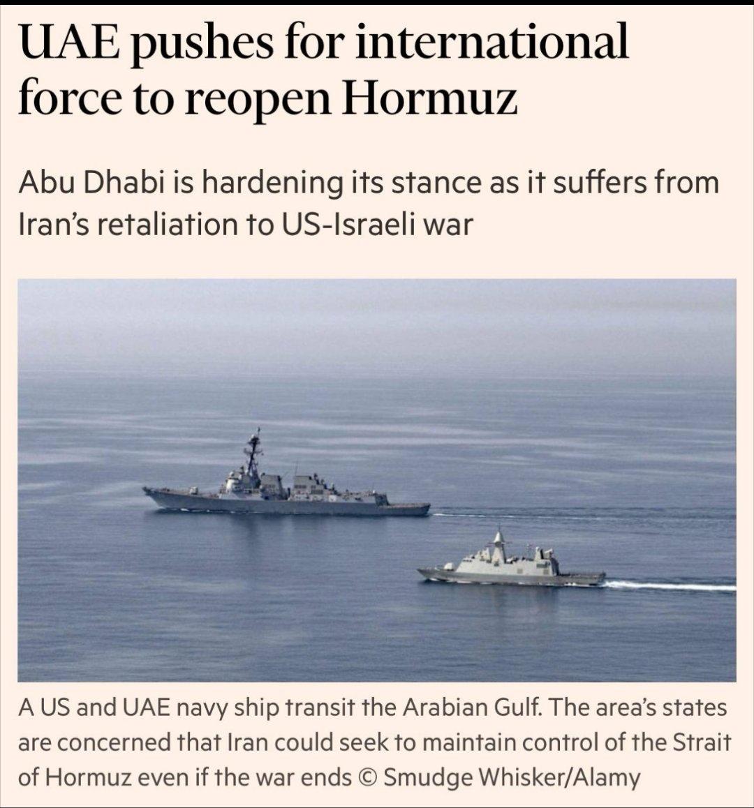 据英国《金融时报》报道，阿联酋正积极推动组建一支多国海军力量，以重新开放霍尔木兹