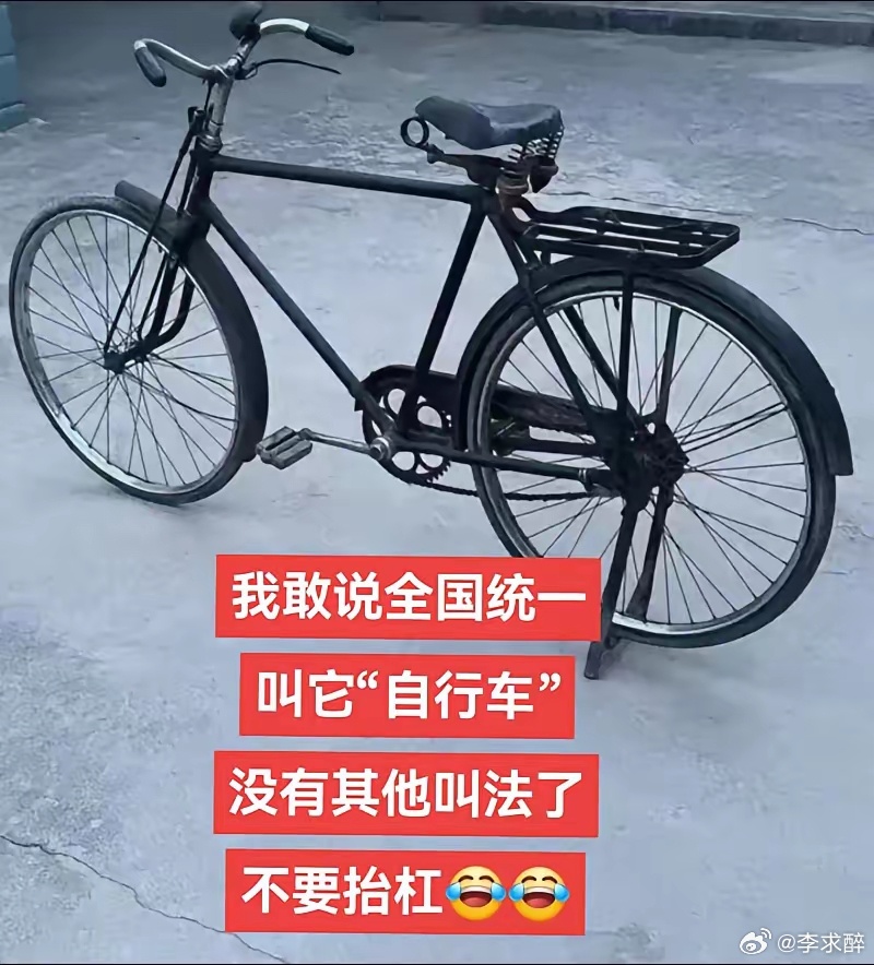 我敢说全国统一叫它“自行车”，没有别的叫法了，不要抬杠 