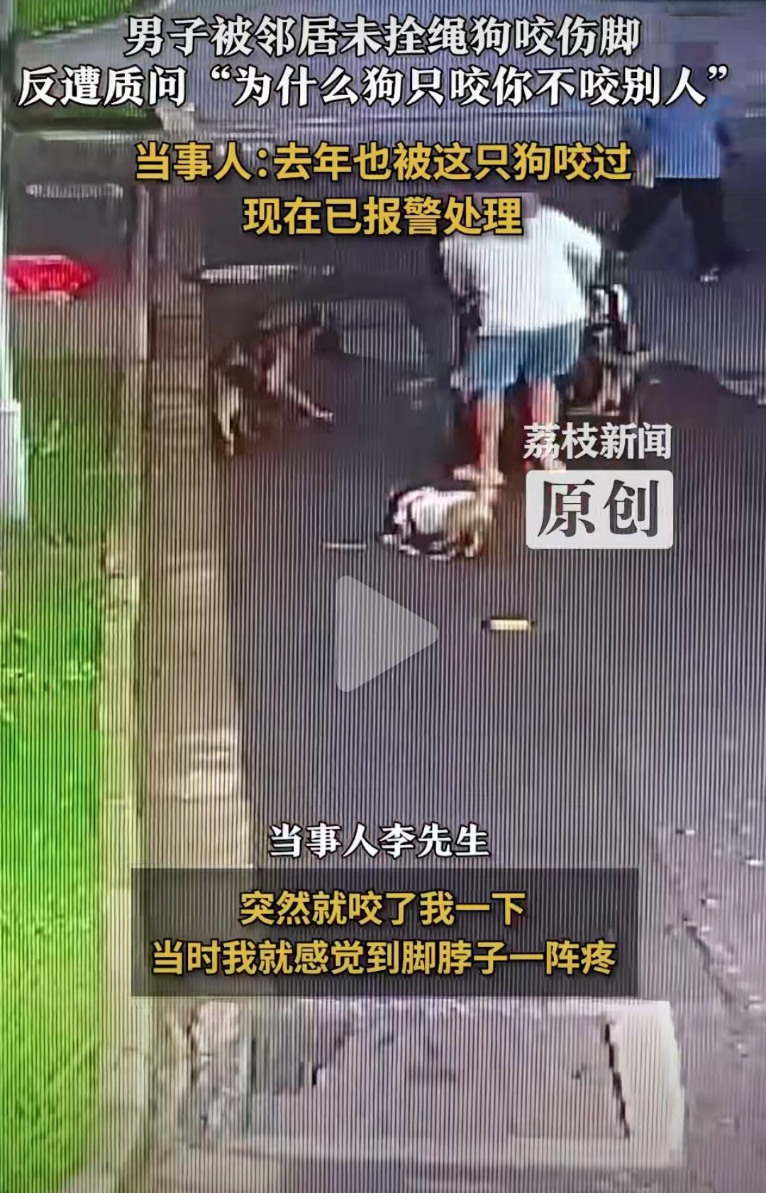 李先生出门遛两条狗，结果自己先被“邻居家的自由卫士”给啃了。6月2号傍晚，他牵着
