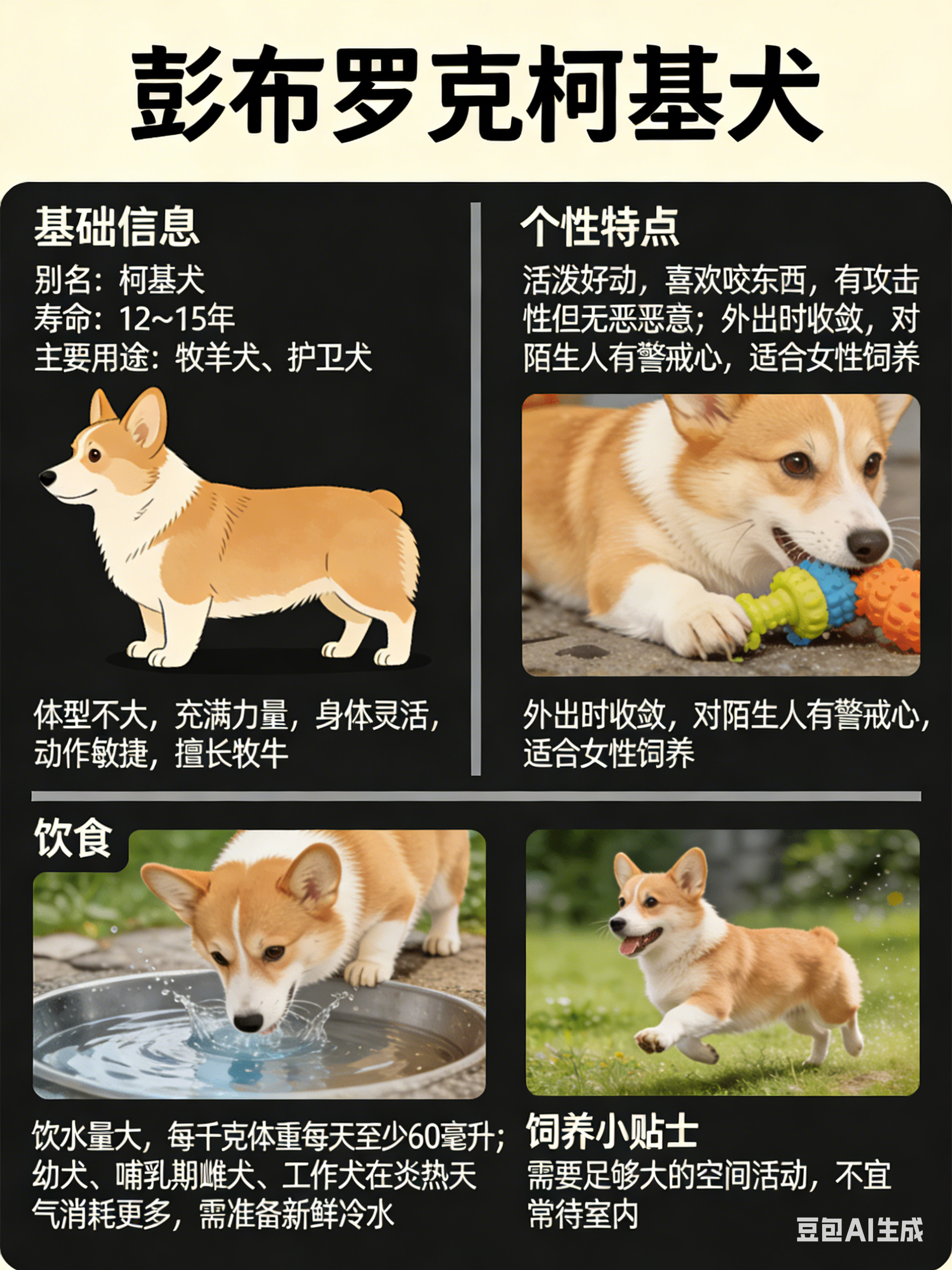 我AI的动物 卡迪根威尔士柯基犬别名：柯基犬、威尔士矮脚犬寿命：12～15年主要