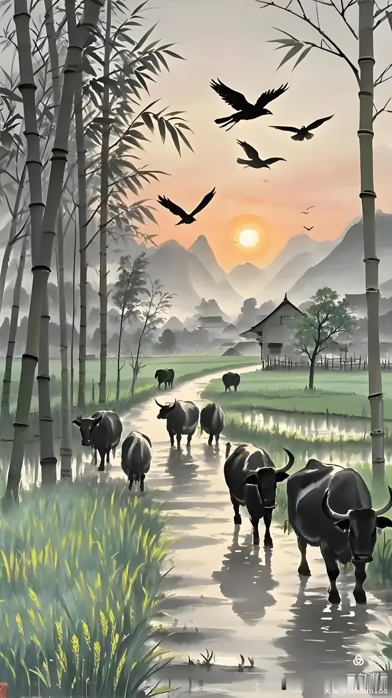 《村居》
——宋·张舜民
水绕陂田竹绕篱，
榆钱落尽槿花稀。
夕阳牛背无人卧，