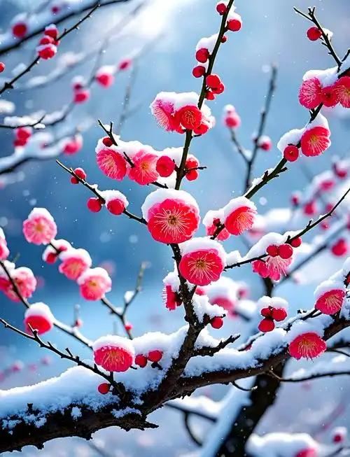 下联：冬雪润红梅。