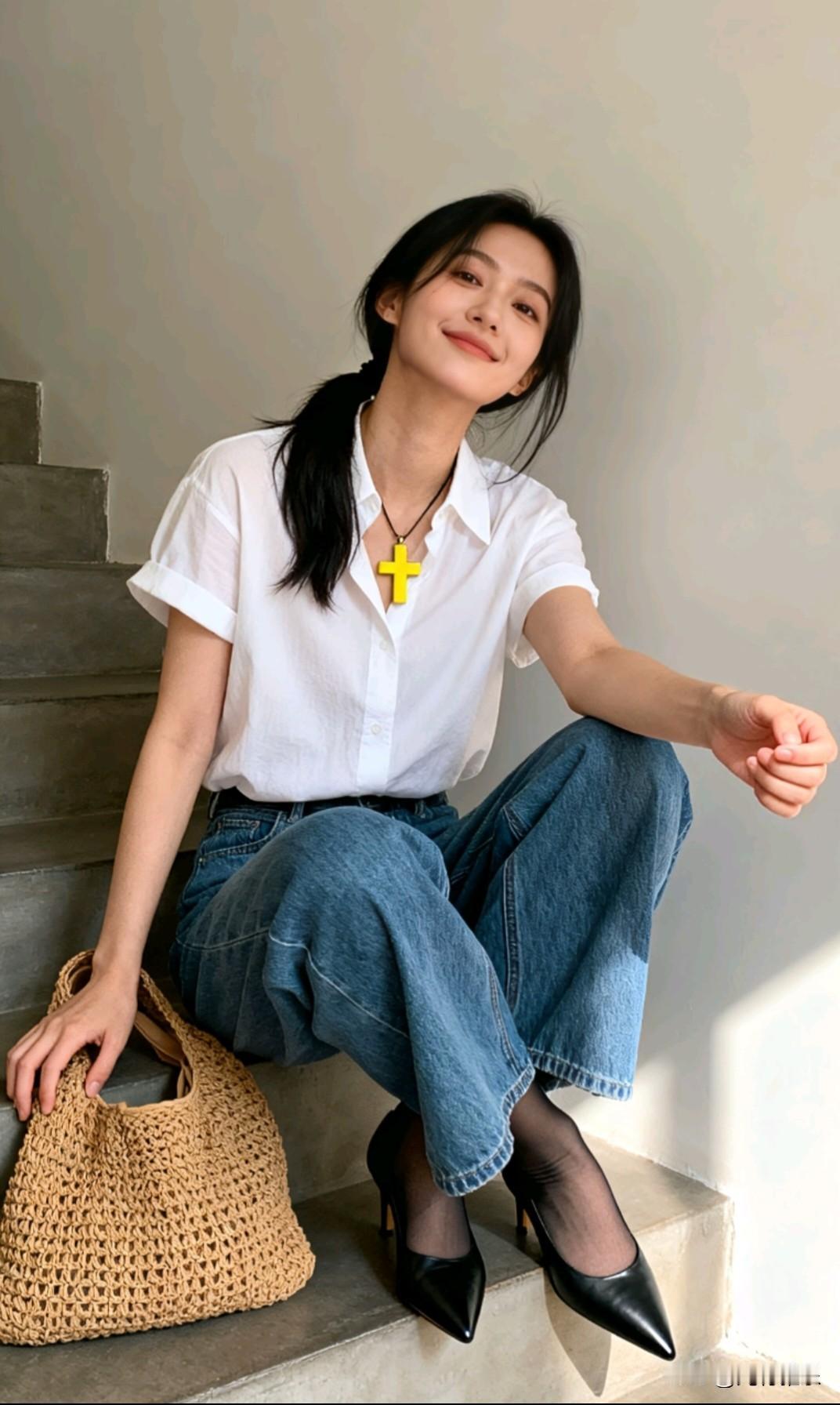 怎样穿搭知性又显身材? 
女孩坐在台阶上，穿着休闲又时尚。