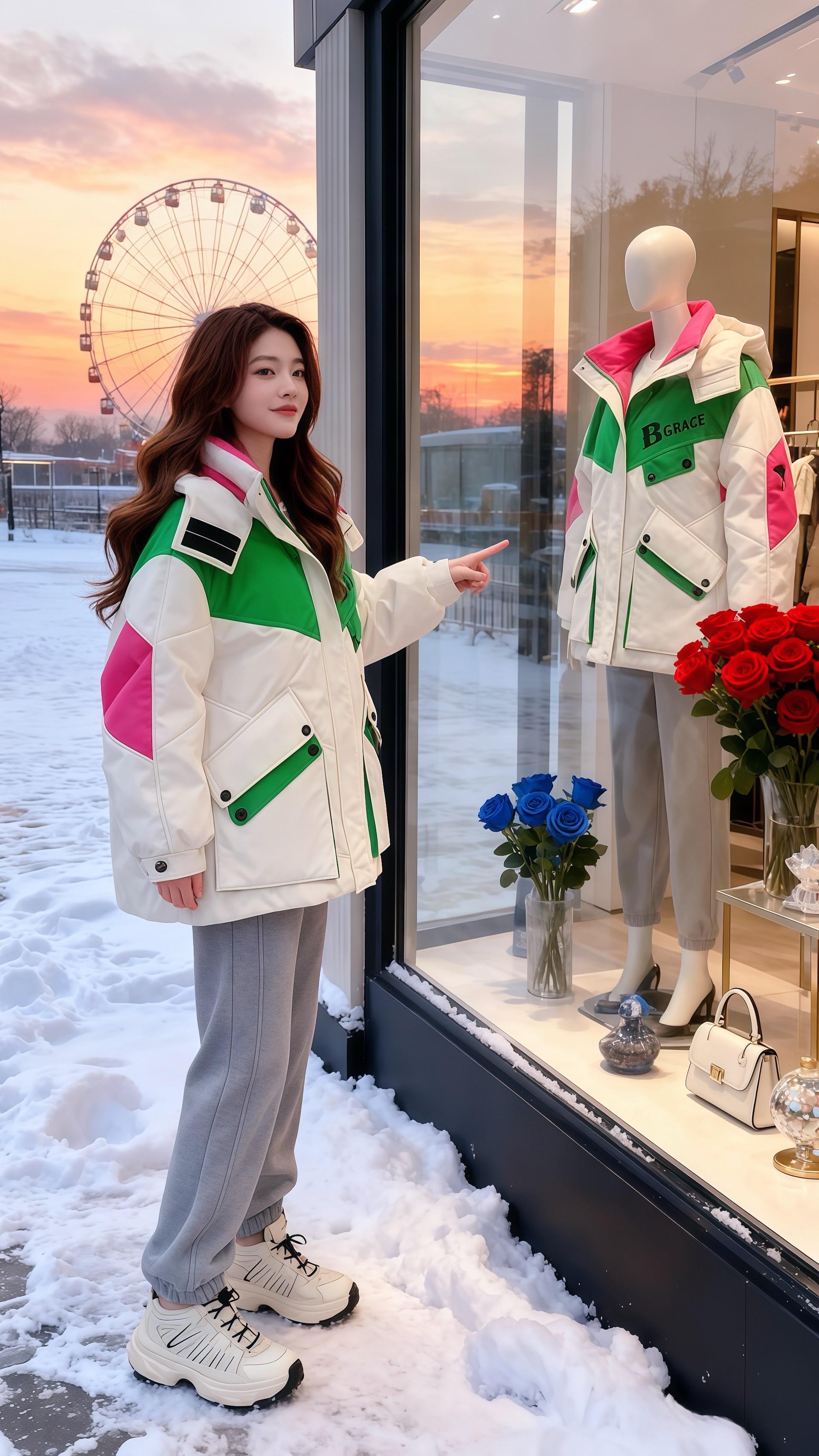 《在雪国摩天轮下，她靠一件“撞色羽绒服”成了冬日穿搭顶流》  初雪落满...