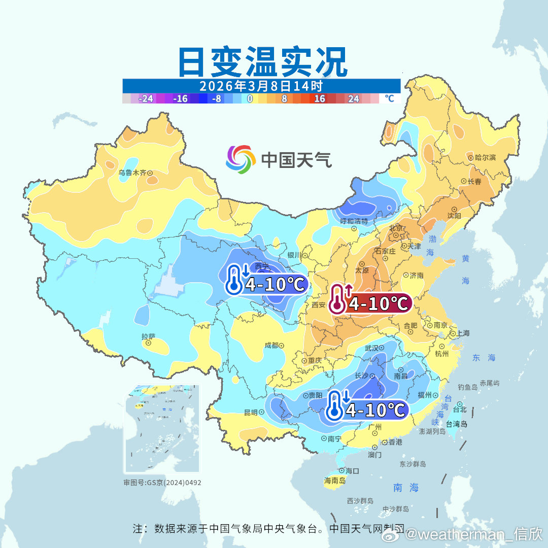 【气温波动】今天气温变化依然和光照（辐射因素）密切相关。青海甘肃湖南因为雨雪遮挡