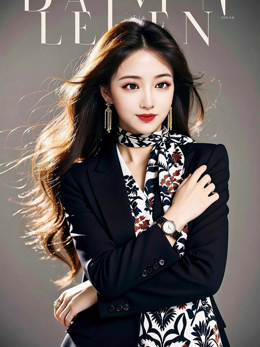 优雅职场风，时尚黑西装搭配印花丝巾，尽显女性魅力！