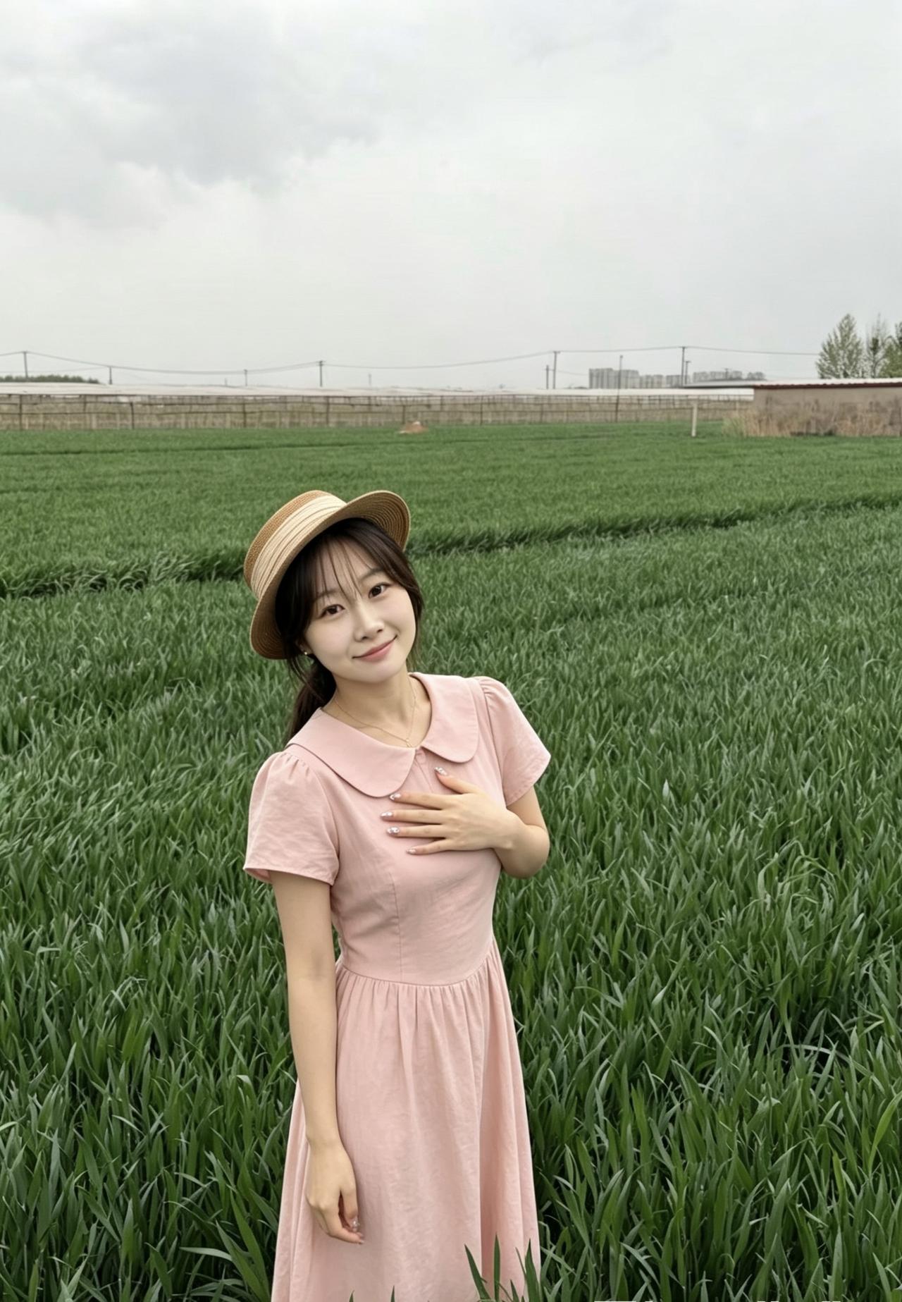 站在翻涌的绿浪里，我就是麦田里的守望者，风带着麦香漫过裙摆。草帽下的目光里，没有