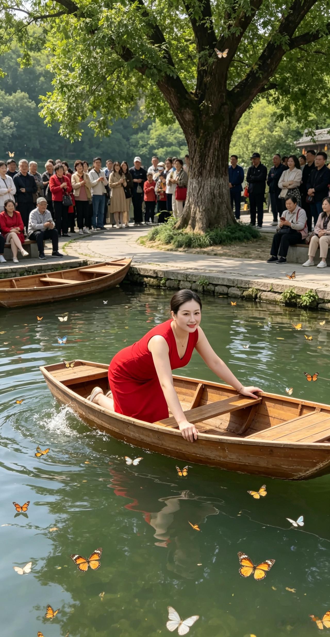 红衣湖畔
红裙入水漾清波，
轻棹徐摇向浩河。
蝶舞花蹊香满径，
树遮丽日影婆娑。