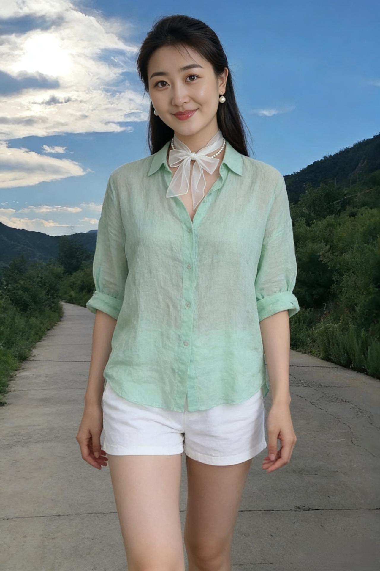 风把山路的褶皱熨平的时候
薄荷绿的麻质衬衫先接住了光
袖口卷着山野的凉
白短裤磕