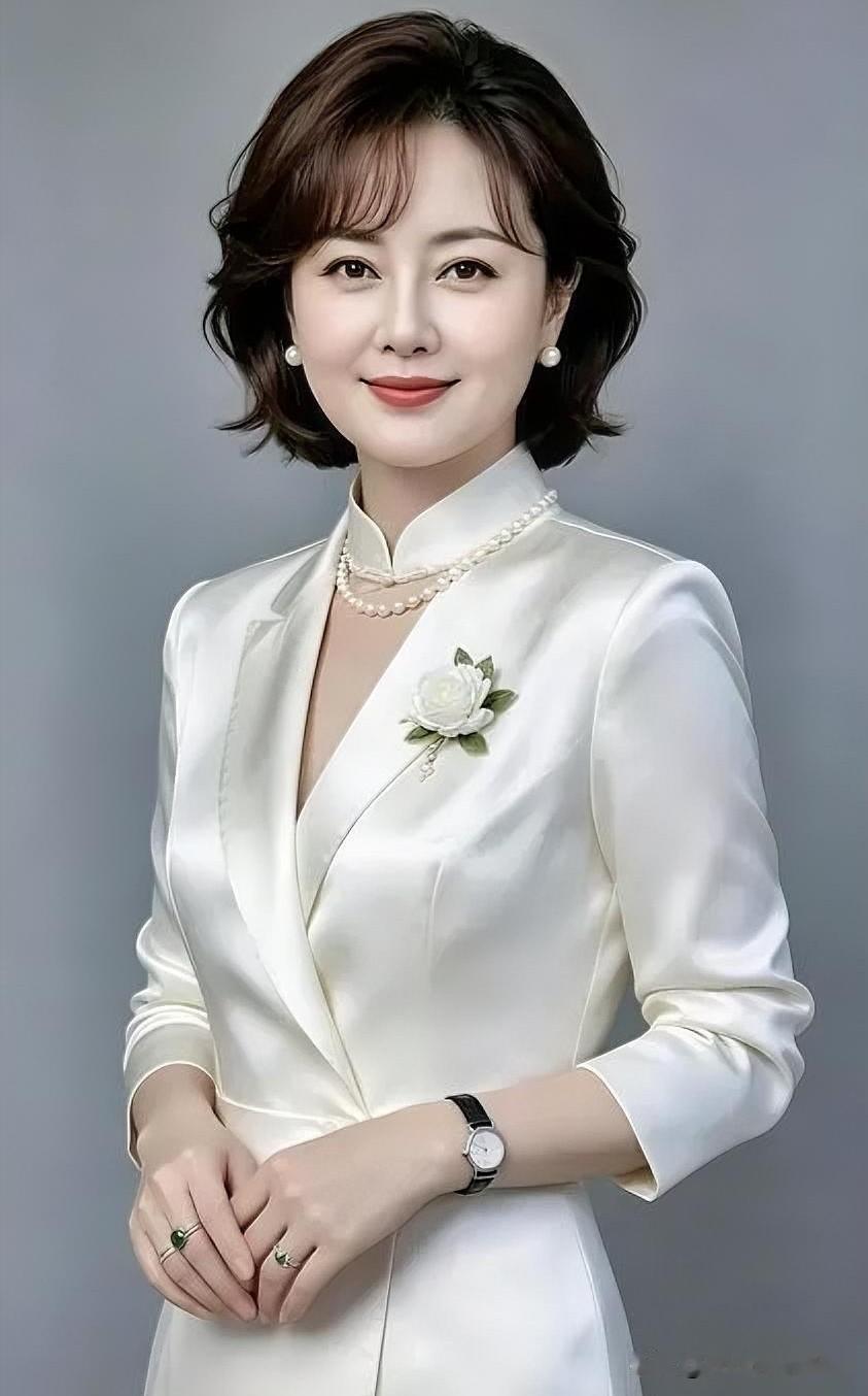 珍珠叠戴映白缎光华，白玫瑰点缀胸前，优雅从容尽显知性之美。