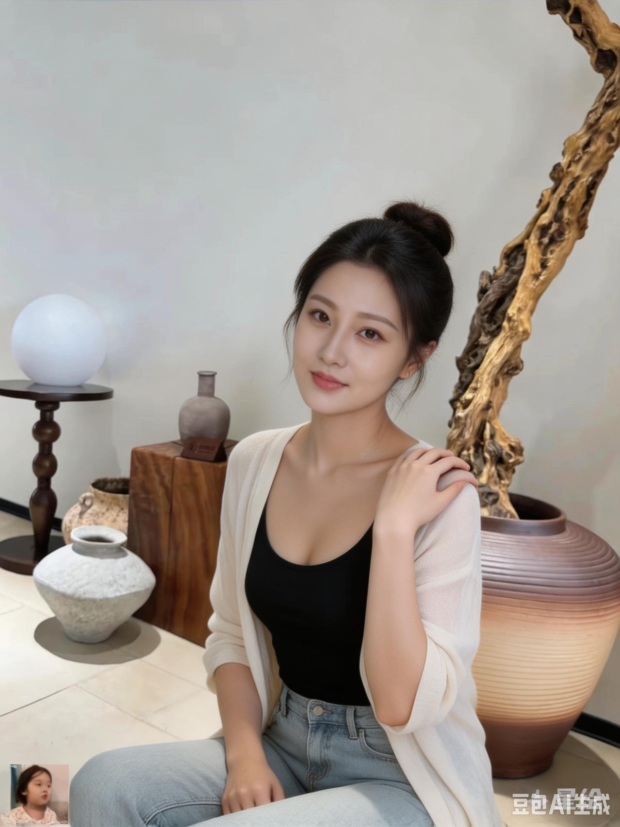 这位美女坐在陶器旁，微笑着拍照。