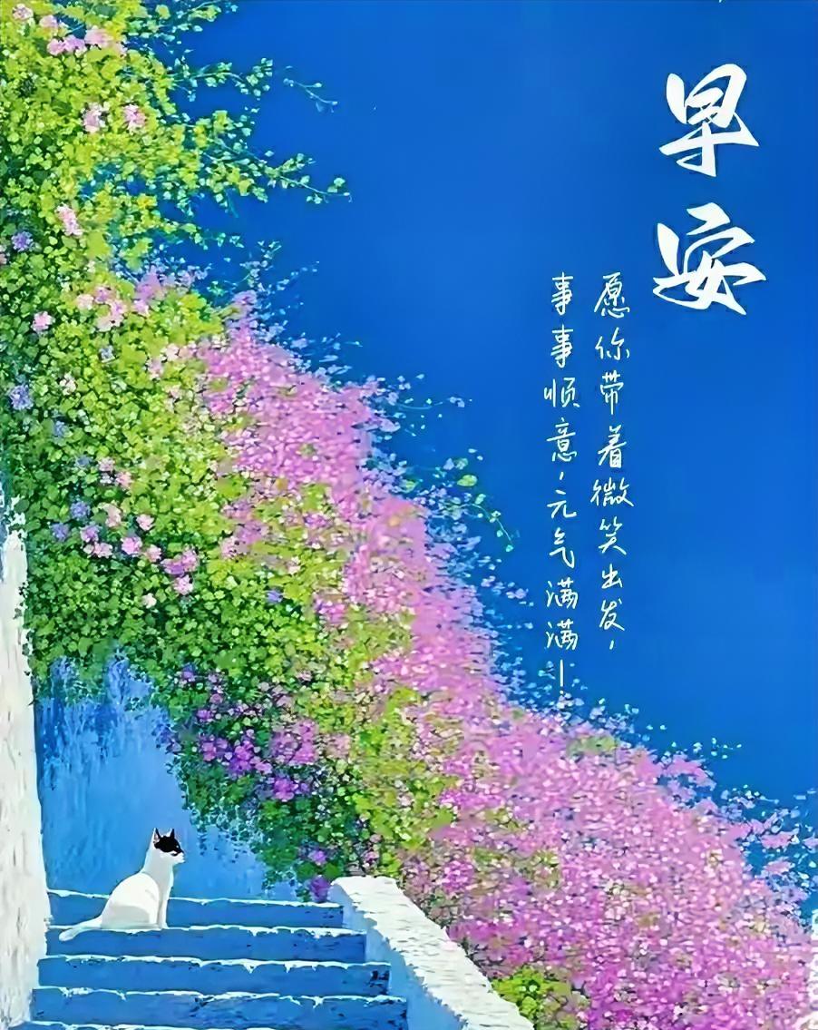 早安！小猫憩于台阶，花海迎风绽放。愿你微笑启程，诸事顺遂，元气满盈！
分享早安祝