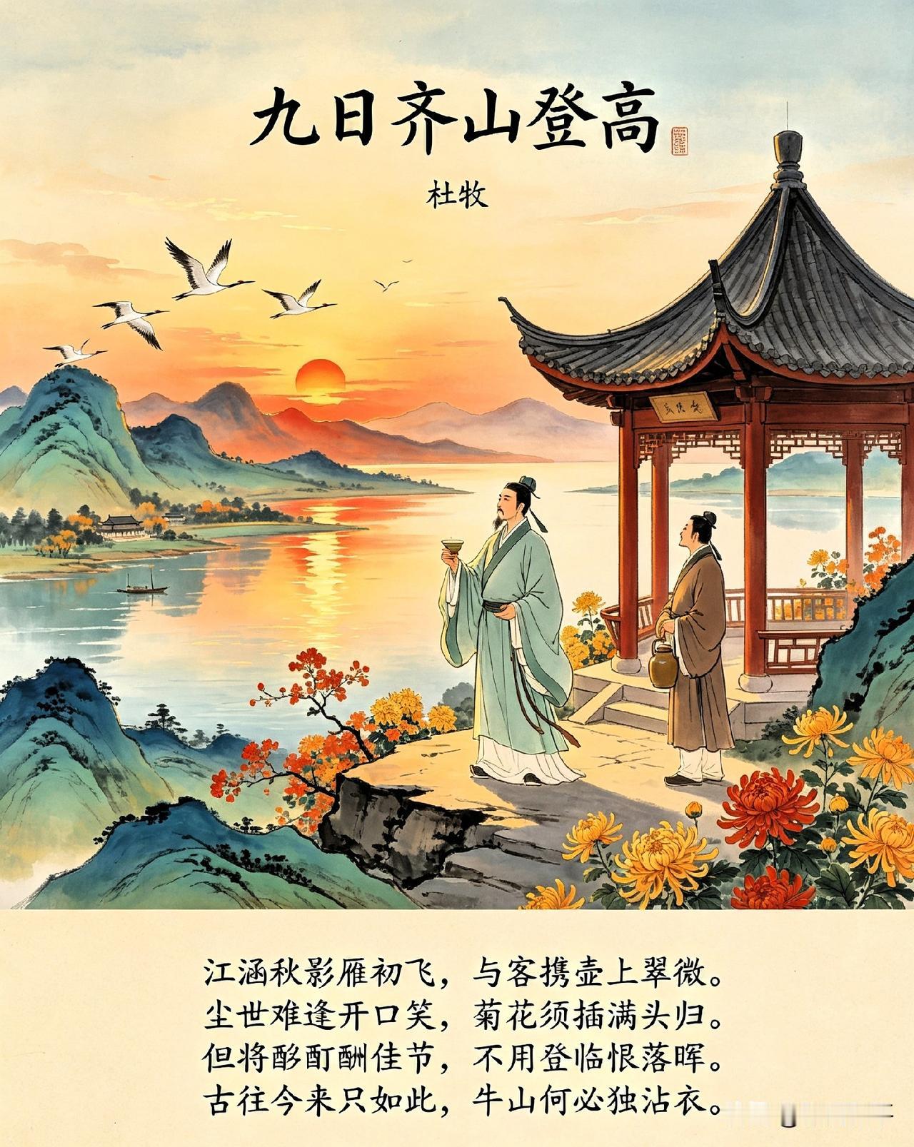 《九日齐山登高》
           杜枚
 江涵秋影雁初飞，与客携壶上翠微。