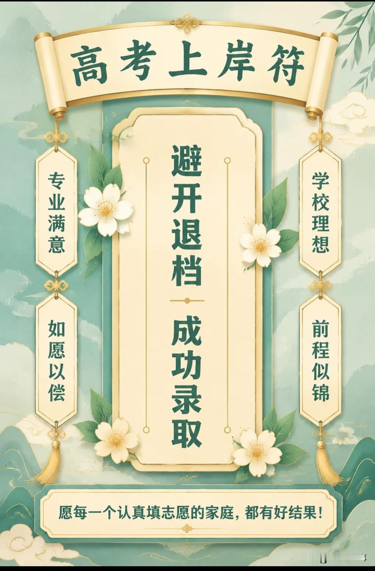 接高考上岸符
愿每位学子都能如愿以偿
避开退档，成功录取
专业满意，学校理想
