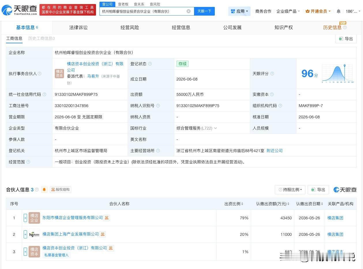 【横店集团在杭州成立合伙企业 出资额5.5亿】
天眼查App显示，近日，杭州柏晖