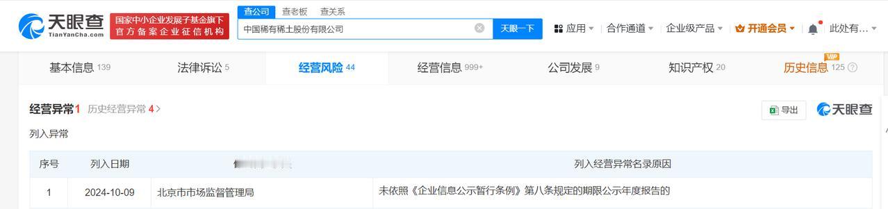 中国稀有稀土公司经营异常
#中国铝业旗下稀土公司经营异常#
天眼查App显示，近
