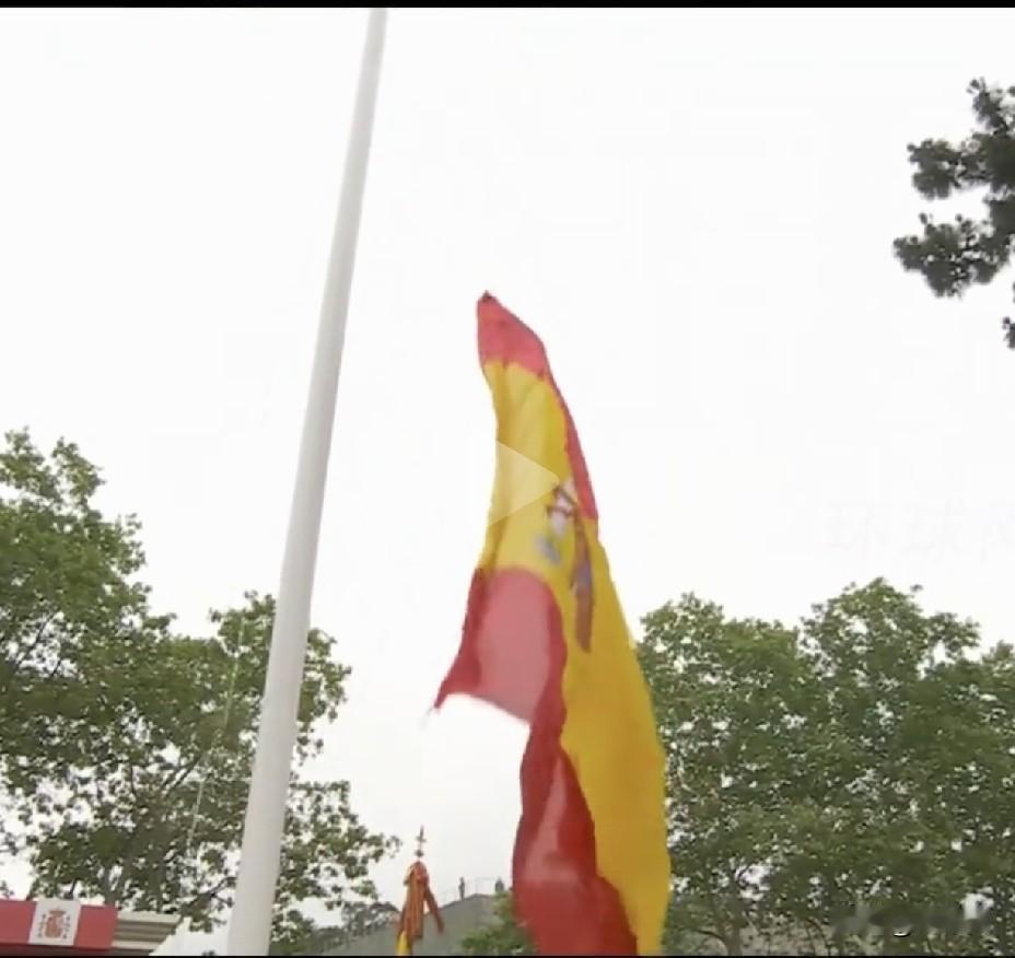 西班牙国旗升一半掉落！
武装部队日活动全场肃立、全球直播
西班牙国旗升至半空，绳