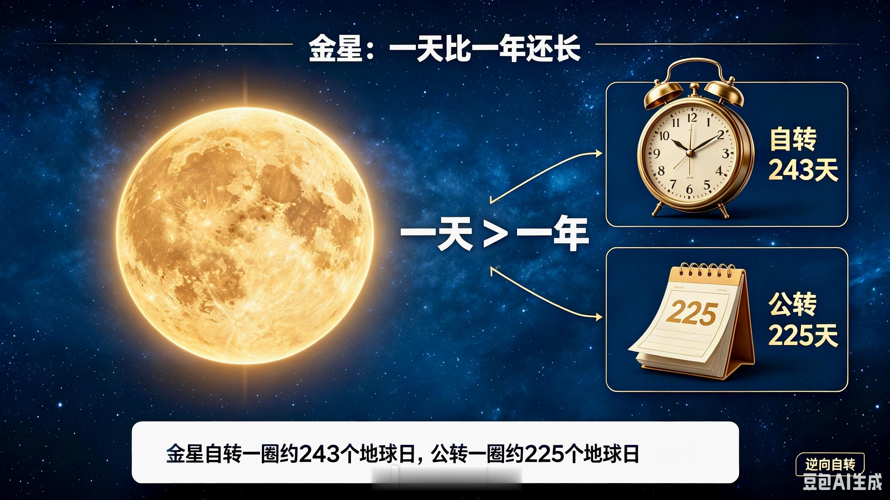 金星上“一天”比“一年”还长。金星自转一圈约 243 个地球日，而绕太阳公转一圈