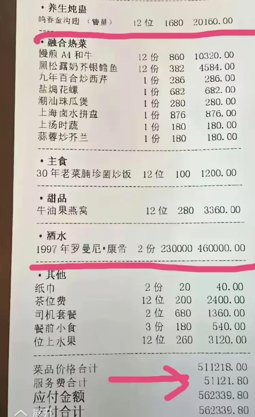 天啊，吃顿饭64万！这张64万的饭店账单着实给我们上了一课，让我们窥见有钱人生活