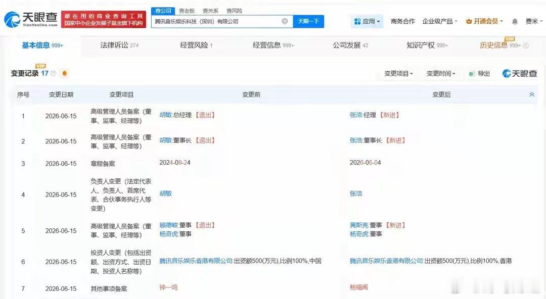 张浩出任腾讯音乐董事长 天眼查 App 披露信息显示，腾讯音乐娱乐科技（深圳）有