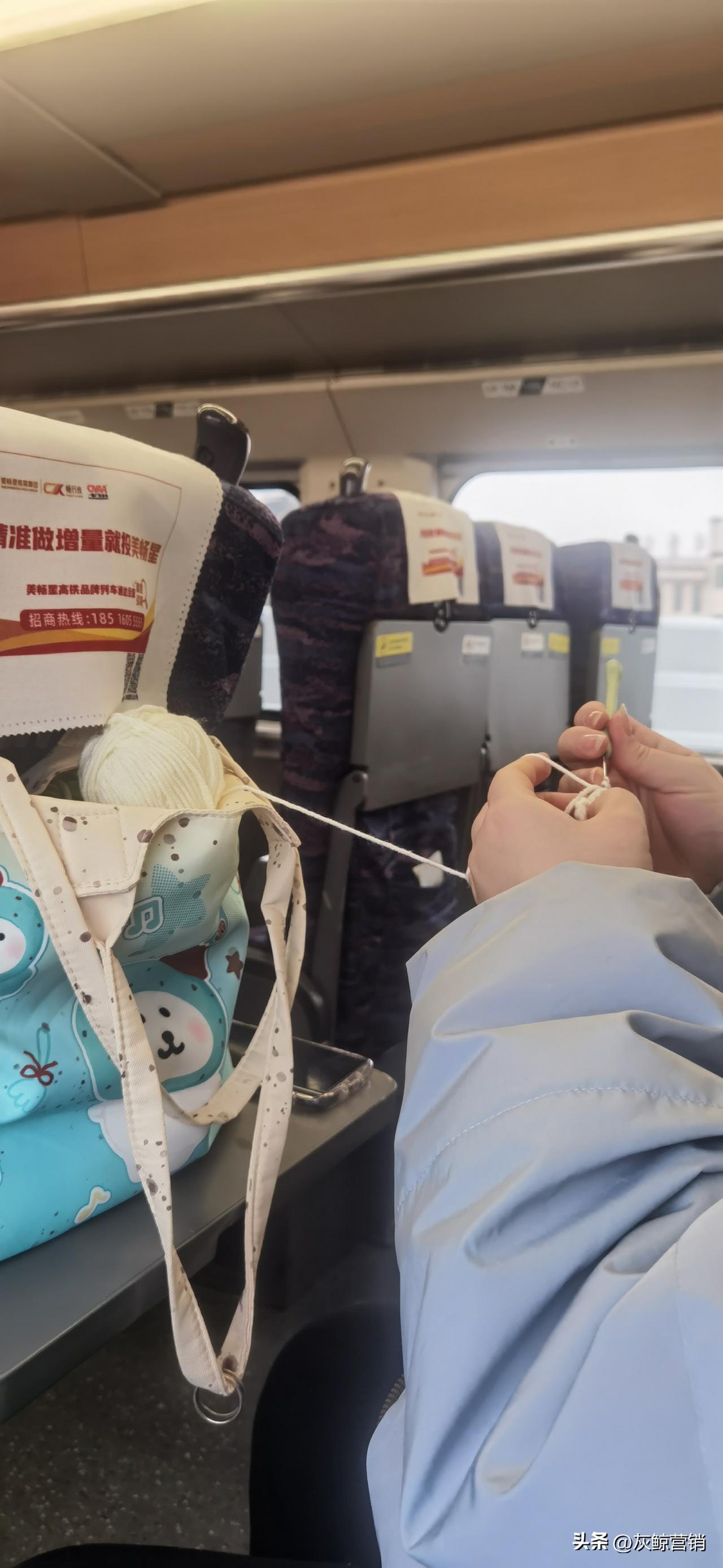 做高铁去上海，旁边坐位的女生也没有闲着，织起了毛衣！这样的女生还是很少的，纯手工