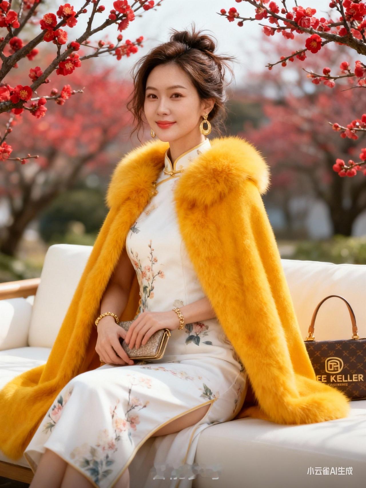 优雅旗袍搭配奢华皮草，尽显东方韵味与现代奢华的完美融合。